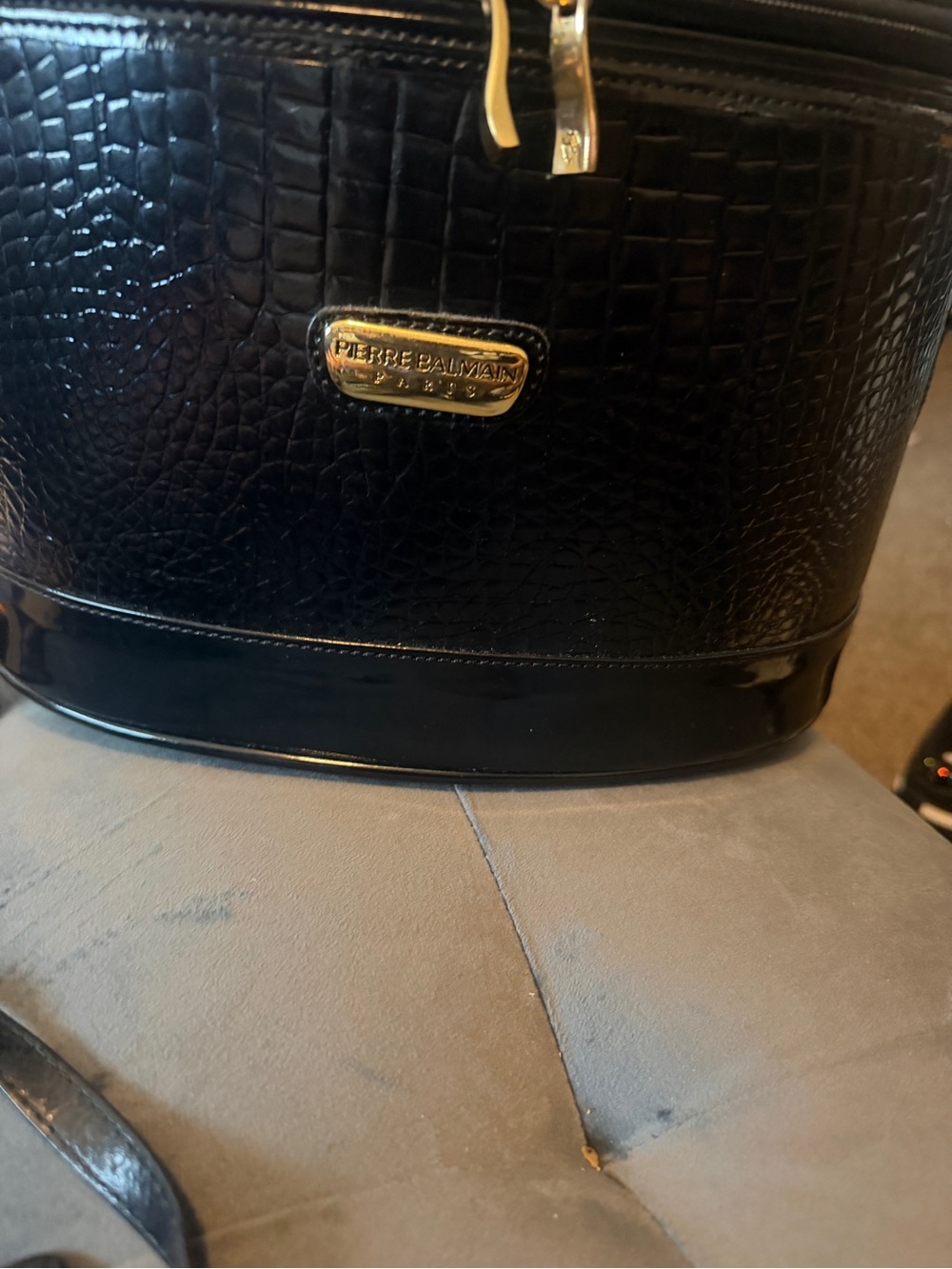 Pierre Balmain Black Croc-Embossed Patent Vanity Case with Gold Plaque